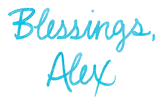 blue signature: Blessings, Alex